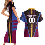 Personalized Brisbane Lions Couples Matching Short Sleeve Bodycon Dress and Hawaiian Shirt Modern Geometric Sports Graphic Style