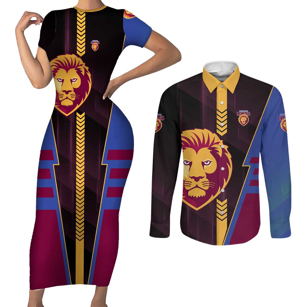 Personalized Brisbane Lions Couples Matching Short Sleeve Bodycon Dress and Long Sleeve Button Shirt Modern Geometric Sports Graphic Style