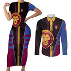 Personalized Brisbane Lions Couples Matching Short Sleeve Bodycon Dress and Long Sleeve Button Shirt Modern Geometric Sports Graphic Style