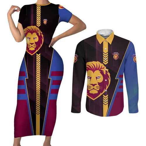 Personalized Brisbane Lions Couples Matching Short Sleeve Bodycon Dress and Long Sleeve Button Shirt Modern Geometric Sports Graphic Style