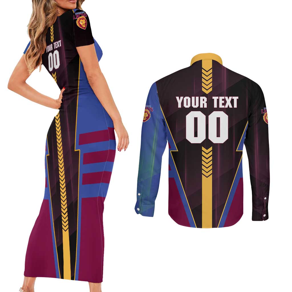 Personalized Brisbane Lions Couples Matching Short Sleeve Bodycon Dress and Long Sleeve Button Shirt Modern Geometric Sports Graphic Style