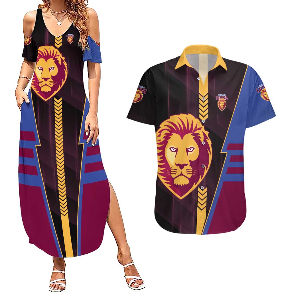 Personalized Brisbane Lions Couples Matching Summer Maxi Dress and Hawaiian Shirt Modern Geometric Sports Graphic Style