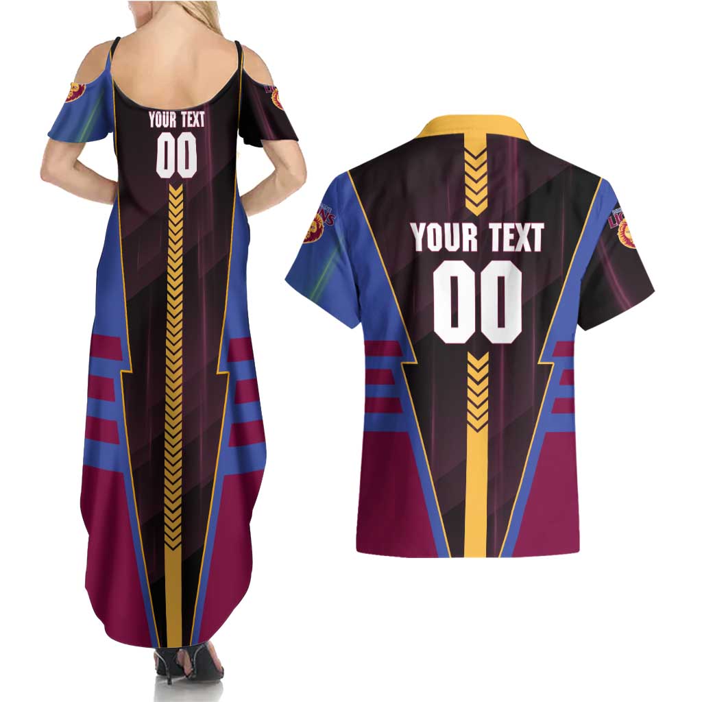Personalized Brisbane Lions Couples Matching Summer Maxi Dress and Hawaiian Shirt Modern Geometric Sports Graphic Style