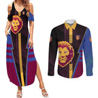 Personalized Brisbane Lions Couples Matching Summer Maxi Dress and Long Sleeve Button Shirt Modern Geometric Sports Graphic Style