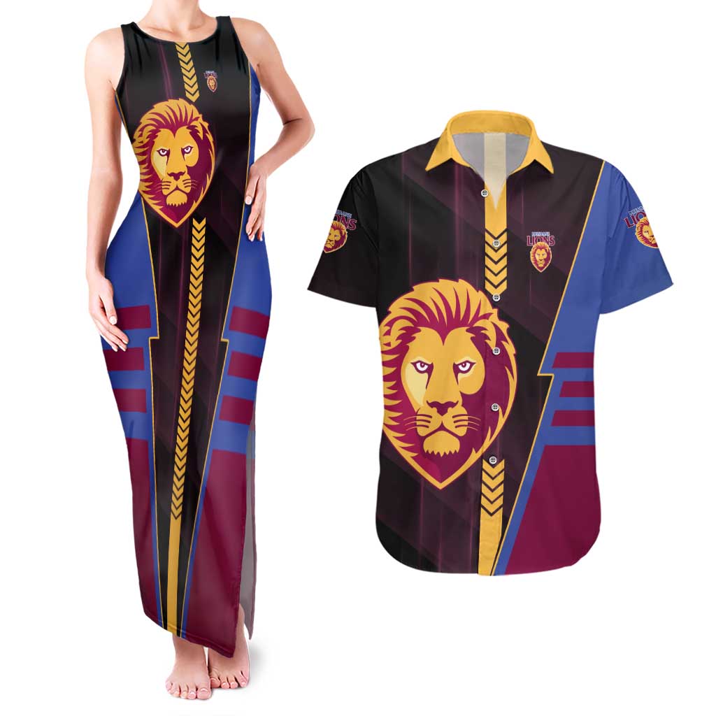 Personalized Brisbane Lions Couples Matching Tank Maxi Dress and Hawaiian Shirt Modern Geometric Sports Graphic Style