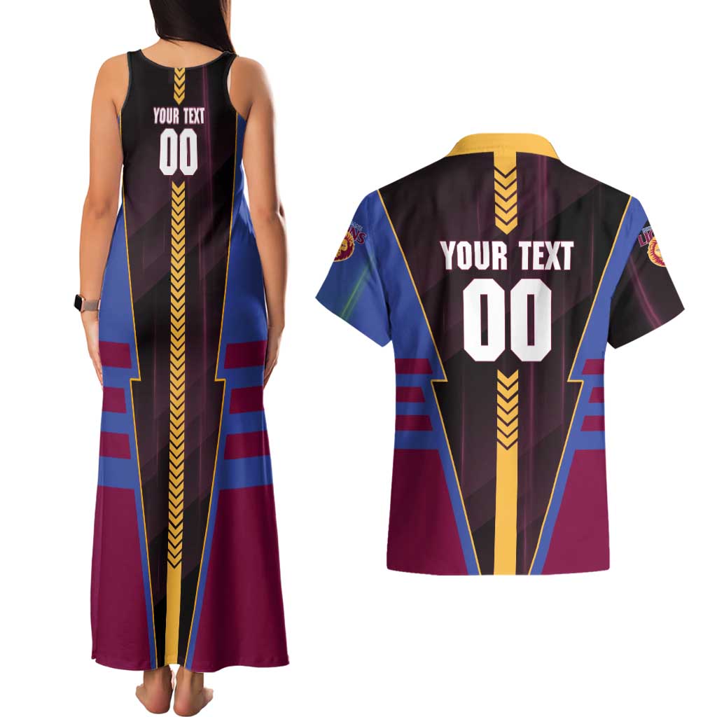 Personalized Brisbane Lions Couples Matching Tank Maxi Dress and Hawaiian Shirt Modern Geometric Sports Graphic Style