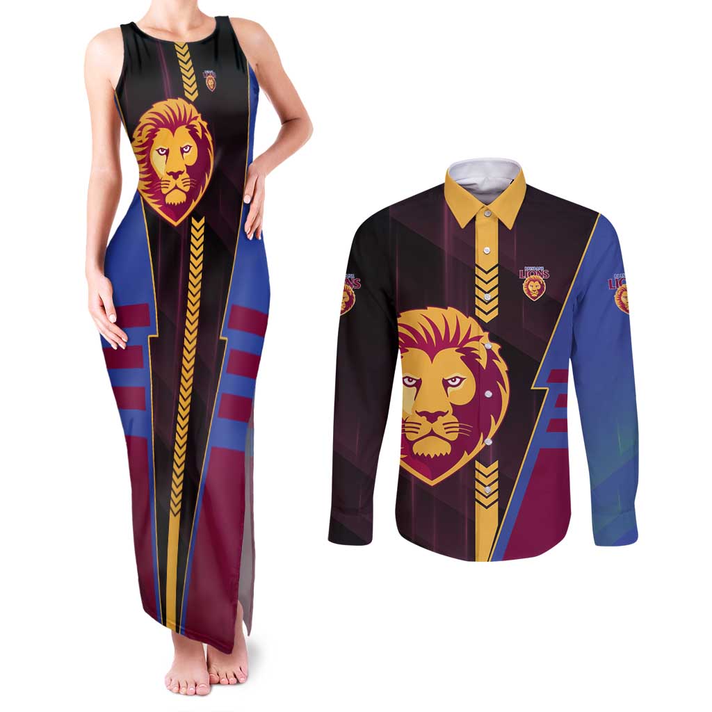Personalized Brisbane Lions Couples Matching Tank Maxi Dress and Long Sleeve Button Shirt Modern Geometric Sports Graphic Style