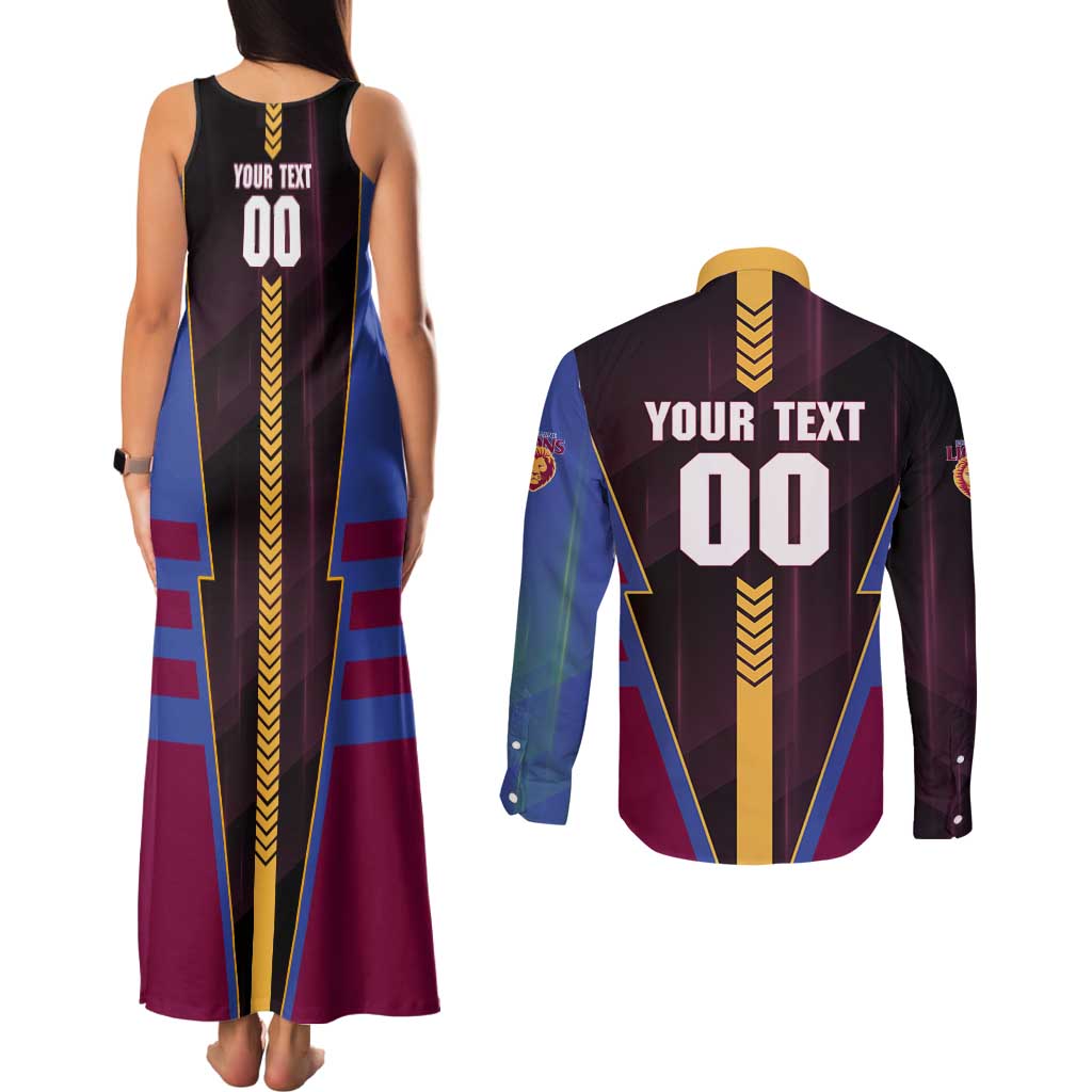 Personalized Brisbane Lions Couples Matching Tank Maxi Dress and Long Sleeve Button Shirt Modern Geometric Sports Graphic Style