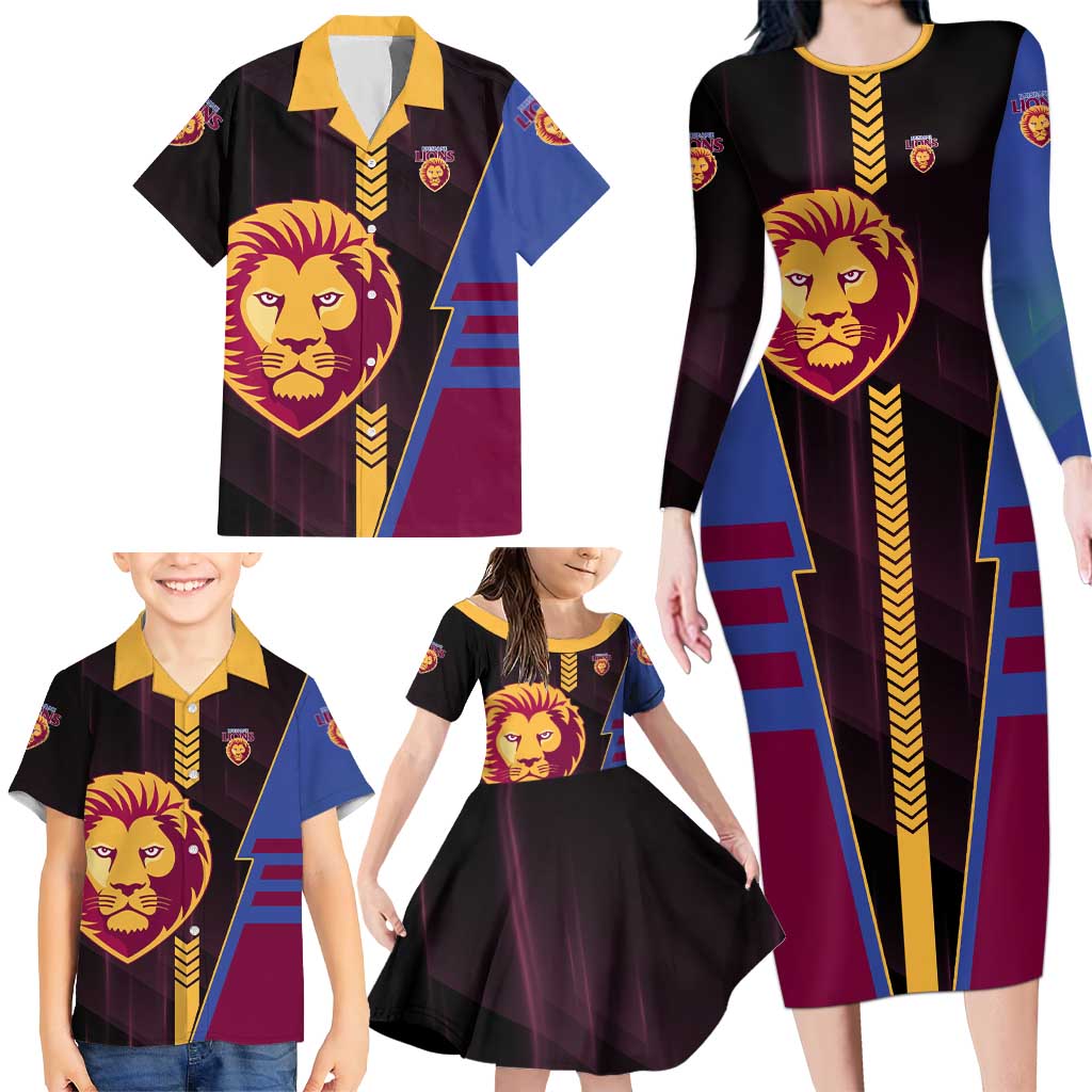 Personalized Brisbane Lions Family Matching Long Sleeve Bodycon Dress and Hawaiian Shirt Modern Geometric Sports Graphic Style