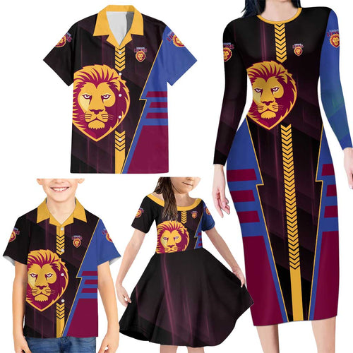 Personalized Brisbane Lions Family Matching Long Sleeve Bodycon Dress and Hawaiian Shirt Modern Geometric Sports Graphic Style