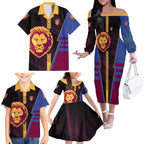 Personalized Brisbane Lions Family Matching Off The Shoulder Long Sleeve Dress and Hawaiian Shirt Modern Geometric Sports Graphic Style
