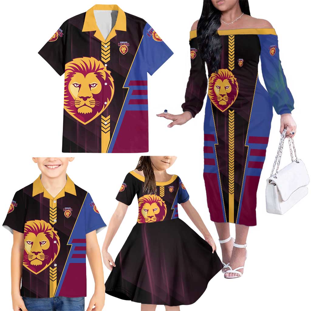 Personalized Brisbane Lions Family Matching Off The Shoulder Long Sleeve Dress and Hawaiian Shirt Modern Geometric Sports Graphic Style