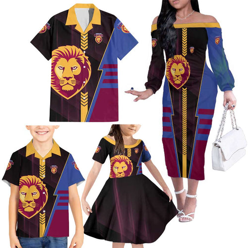 Personalized Brisbane Lions Family Matching Off The Shoulder Long Sleeve Dress and Hawaiian Shirt Modern Geometric Sports Graphic Style