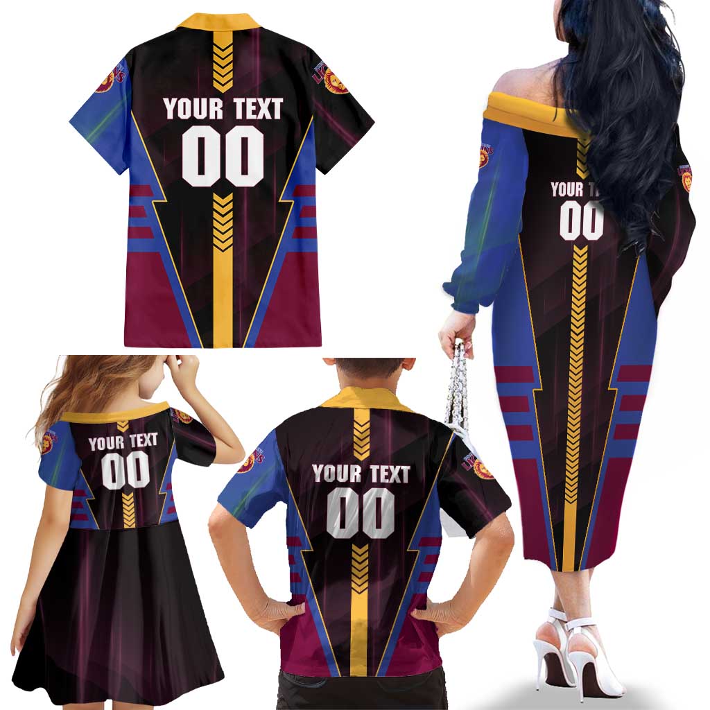 Personalized Brisbane Lions Family Matching Off The Shoulder Long Sleeve Dress and Hawaiian Shirt Modern Geometric Sports Graphic Style