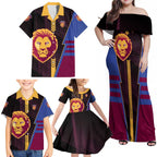 Personalized Brisbane Lions Family Matching Off Shoulder Maxi Dress and Hawaiian Shirt Modern Geometric Sports Graphic Style