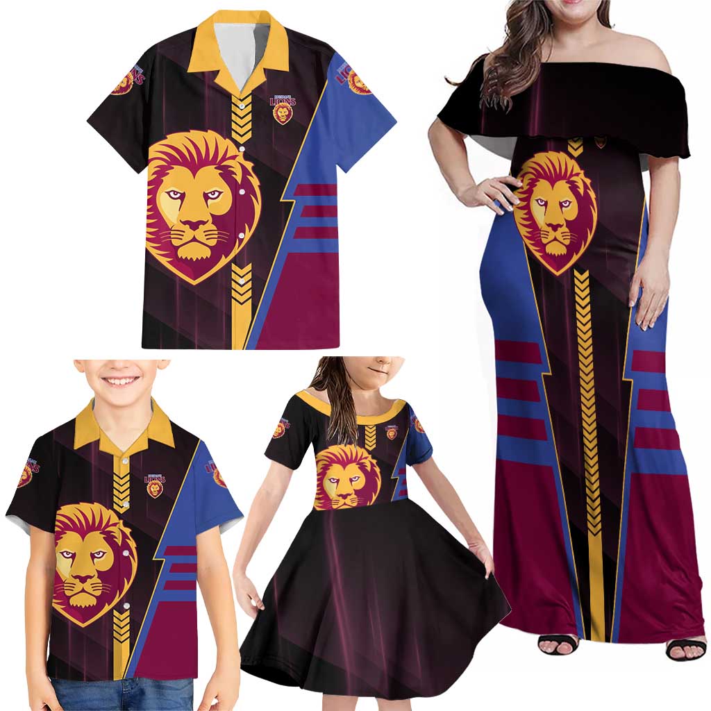 Personalized Brisbane Lions Family Matching Off Shoulder Maxi Dress and Hawaiian Shirt Modern Geometric Sports Graphic Style
