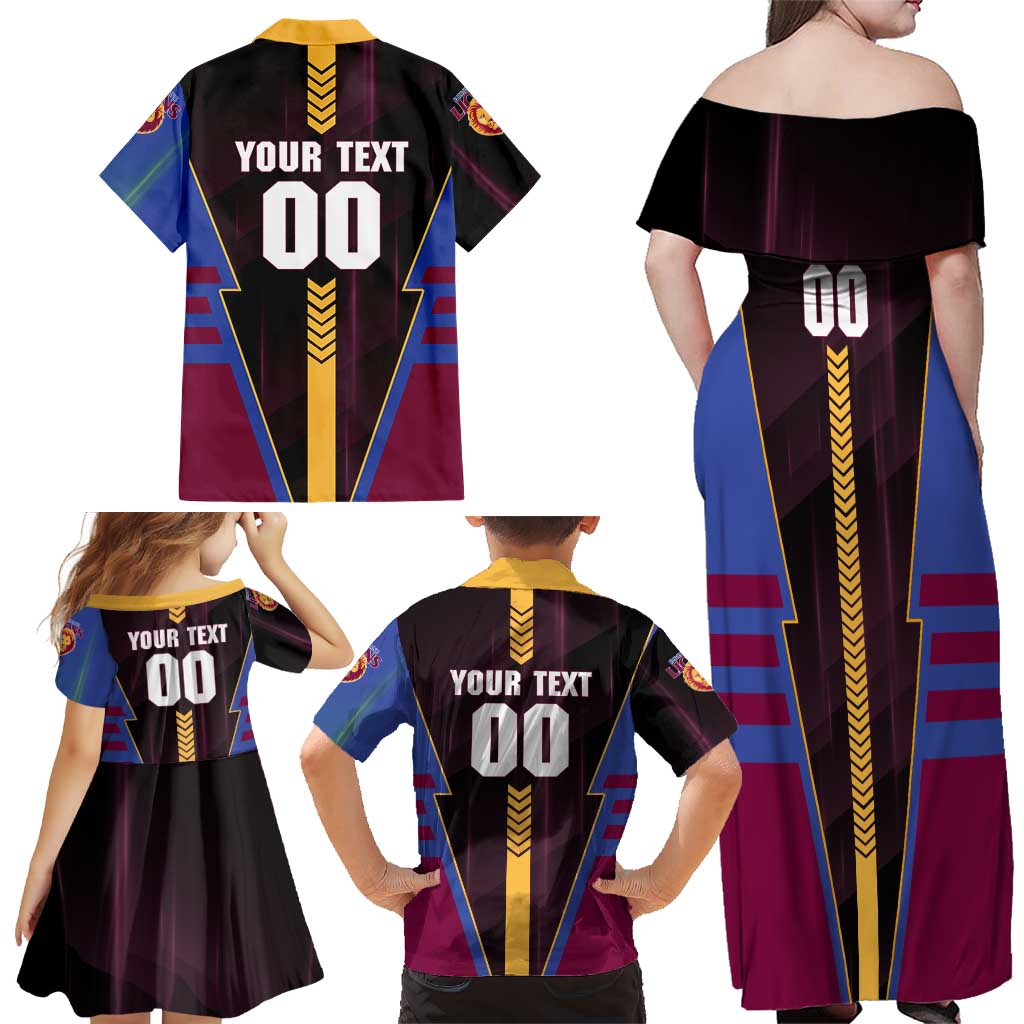 Personalized Brisbane Lions Family Matching Off Shoulder Maxi Dress and Hawaiian Shirt Modern Geometric Sports Graphic Style