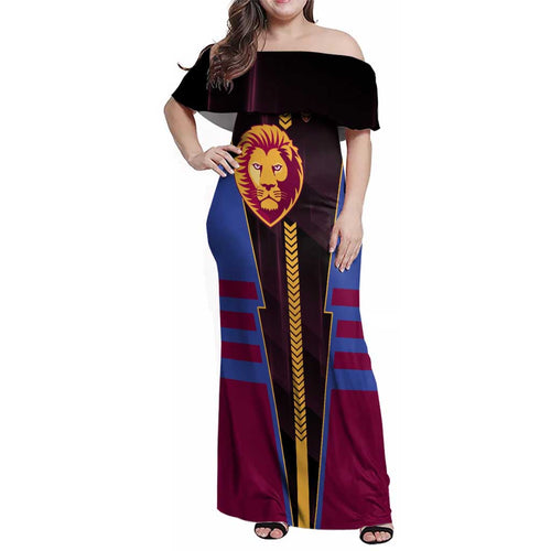 Personalized Brisbane Lions Family Matching Off Shoulder Maxi Dress and Hawaiian Shirt Modern Geometric Sports Graphic Style