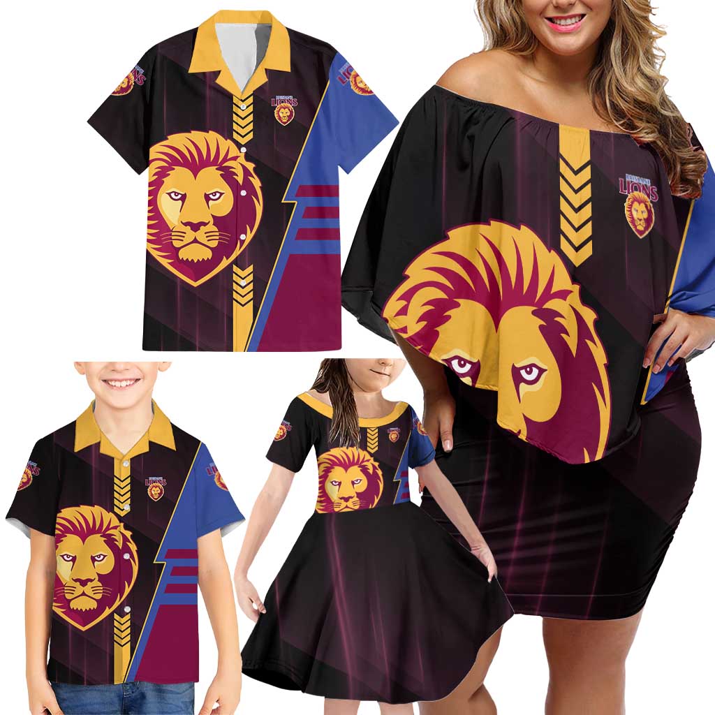 Personalized Brisbane Lions Family Matching Off Shoulder Short Dress and Hawaiian Shirt Modern Geometric Sports Graphic Style