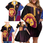 Personalized Brisbane Lions Family Matching Off Shoulder Short Dress and Hawaiian Shirt Modern Geometric Sports Graphic Style