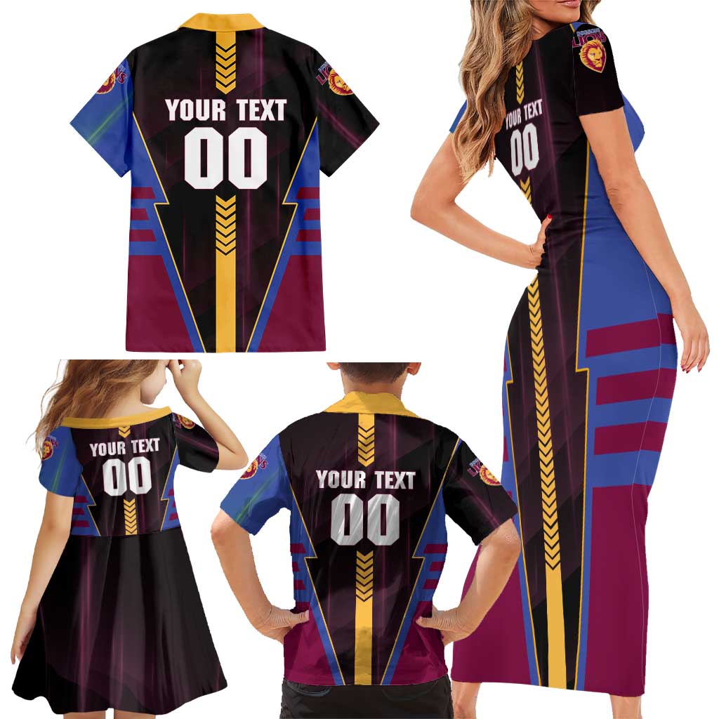Personalized Brisbane Lions Family Matching Short Sleeve Bodycon Dress and Hawaiian Shirt Modern Geometric Sports Graphic Style