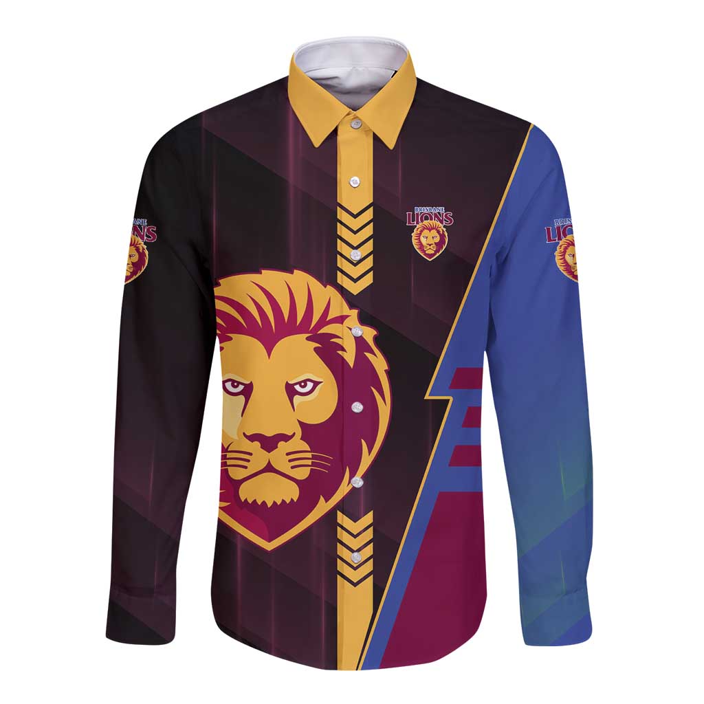 Personalized Brisbane Lions Long Sleeve Button Shirt Modern Geometric Sports Graphic Style