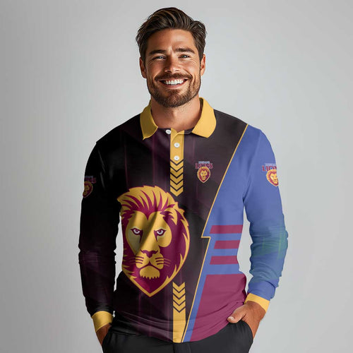 Personalized Brisbane Lions Long Sleeve Polo Shirt Modern Geometric Sports Graphic Style