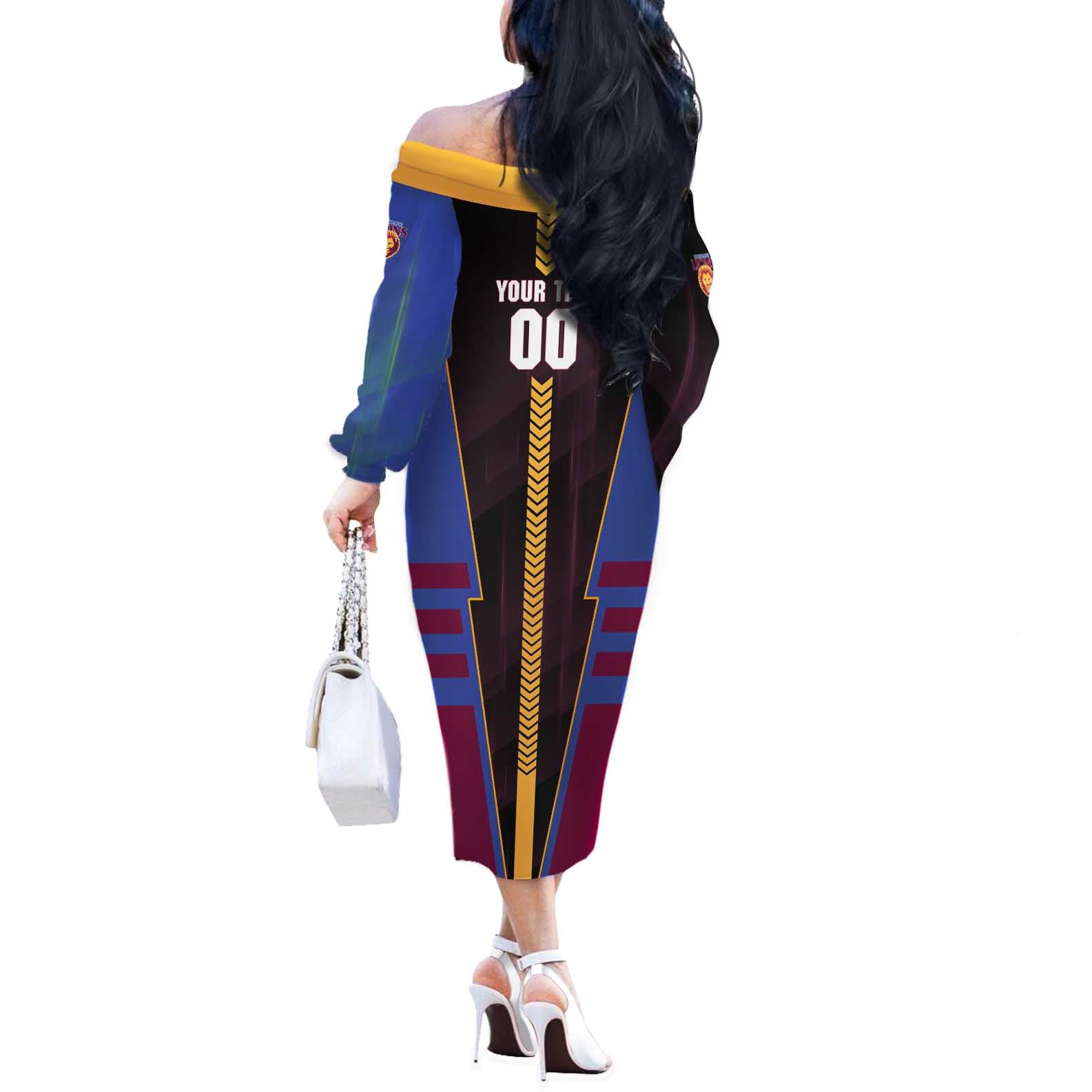 Personalized Brisbane Lions Off The Shoulder Long Sleeve Dress Modern Geometric Sports Graphic Style