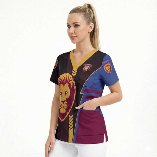 Personalized Brisbane Lions Scrub Top Modern Geometric Sports Graphic Style