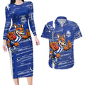 North Melbourne Kangaroos Couples Matching Long Sleeve Bodycon Dress and Hawaiian Shirt Mascot Cartoon Football Illustration Style
