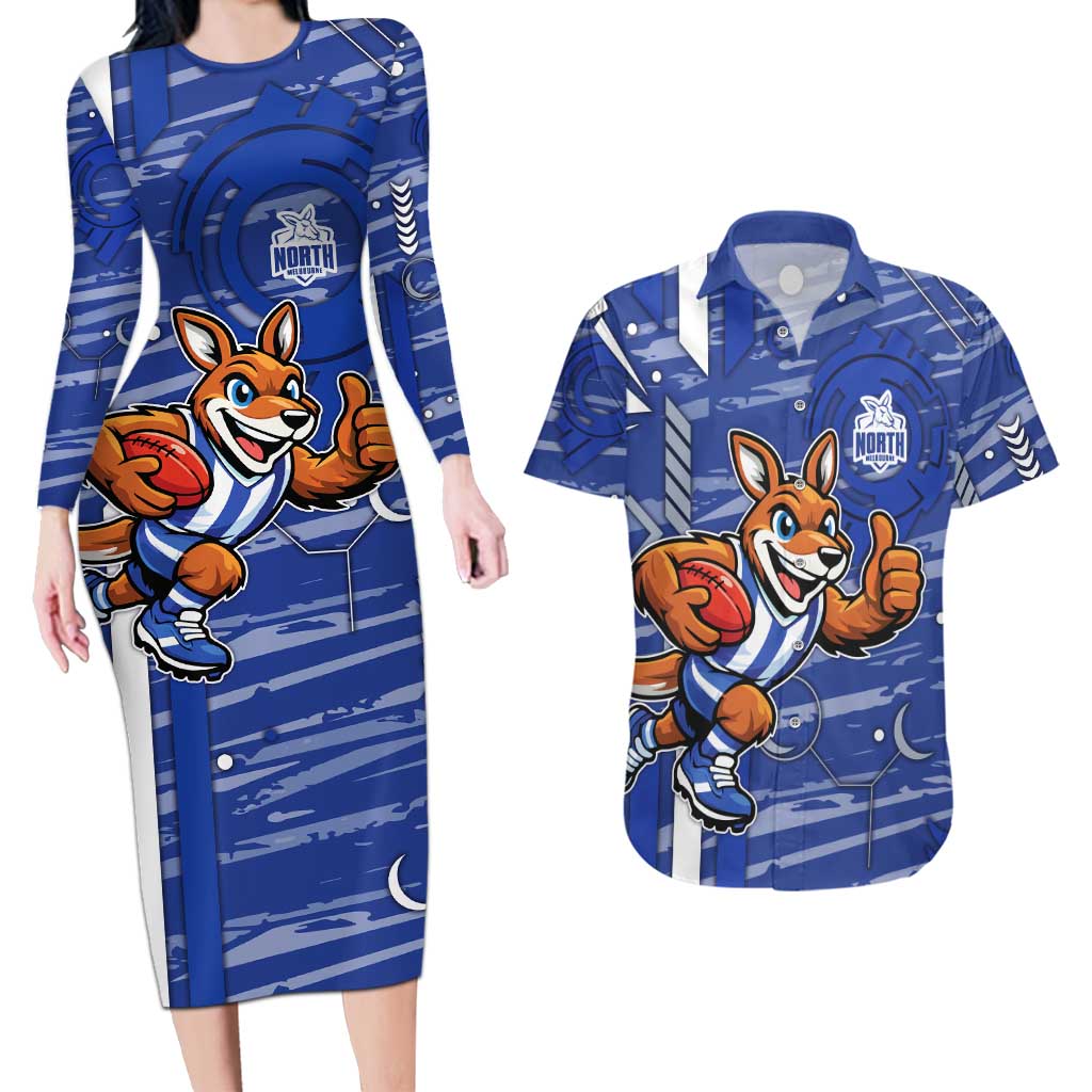 North Melbourne Kangaroos Couples Matching Long Sleeve Bodycon Dress and Hawaiian Shirt Mascot Cartoon Football Illustration Style