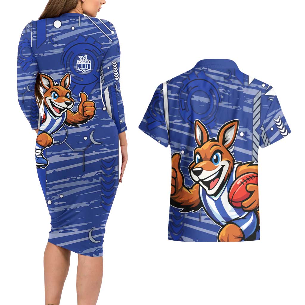 North Melbourne Kangaroos Couples Matching Long Sleeve Bodycon Dress and Hawaiian Shirt Mascot Cartoon Football Illustration Style