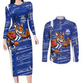 North Melbourne Kangaroos Couples Matching Long Sleeve Bodycon Dress and Long Sleeve Button Shirt Mascot Cartoon Football Illustration Style