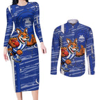 North Melbourne Kangaroos Couples Matching Long Sleeve Bodycon Dress and Long Sleeve Button Shirt Mascot Cartoon Football Illustration Style
