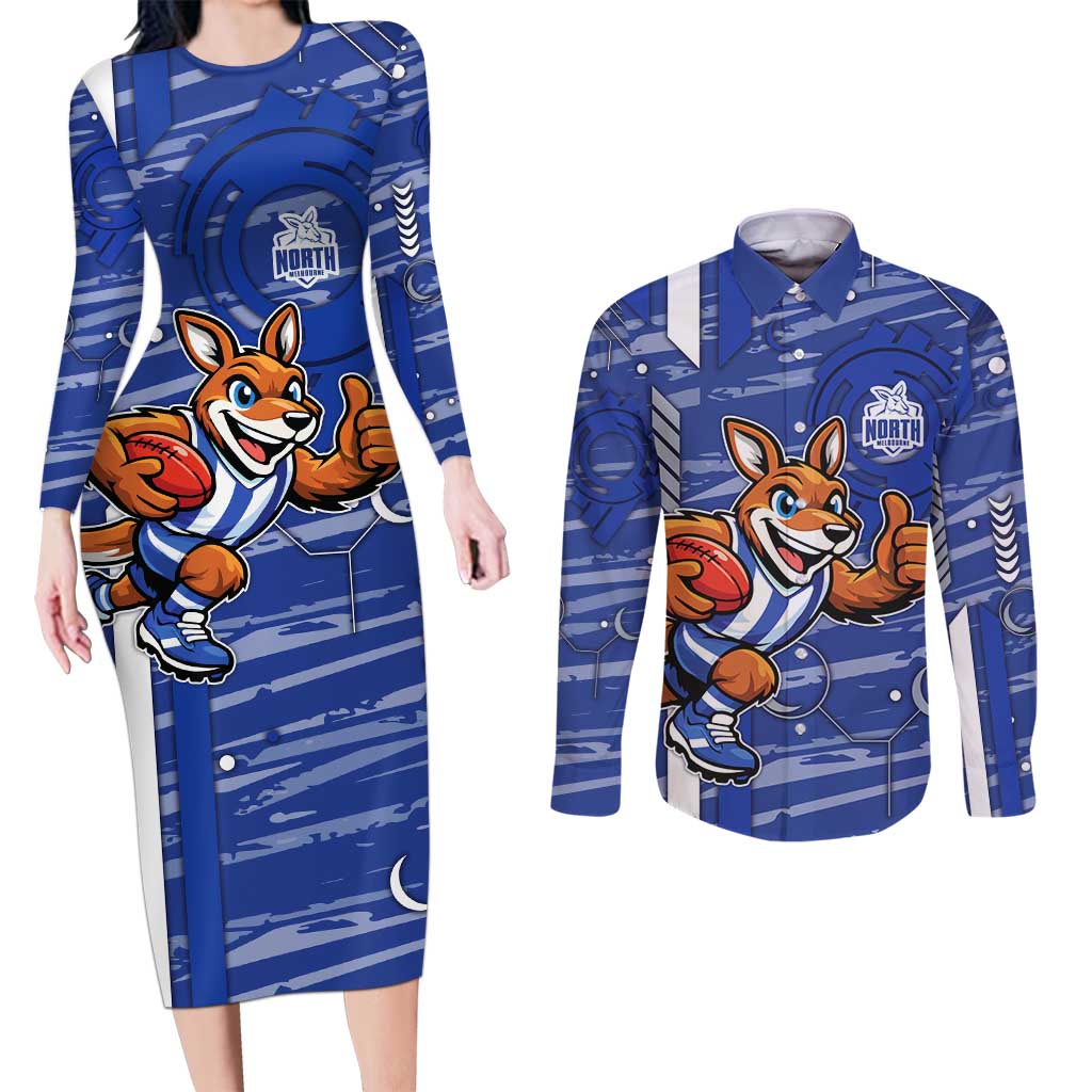 North Melbourne Kangaroos Couples Matching Long Sleeve Bodycon Dress and Long Sleeve Button Shirt Mascot Cartoon Football Illustration Style