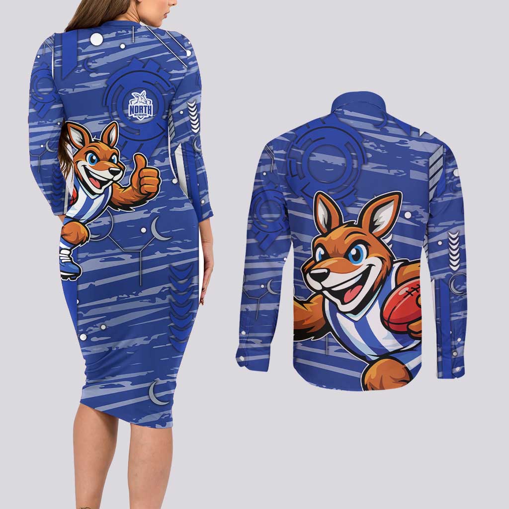 North Melbourne Kangaroos Couples Matching Long Sleeve Bodycon Dress and Long Sleeve Button Shirt Mascot Cartoon Football Illustration Style
