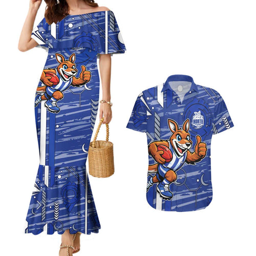 North Melbourne Kangaroos Couples Matching Mermaid Dress and Hawaiian Shirt Mascot Cartoon Football Illustration Style