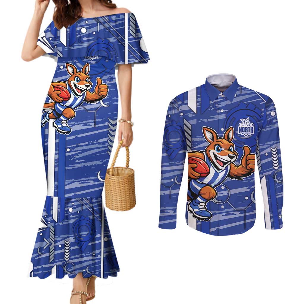 North Melbourne Kangaroos Couples Matching Mermaid Dress and Long Sleeve Button Shirt Mascot Cartoon Football Illustration Style