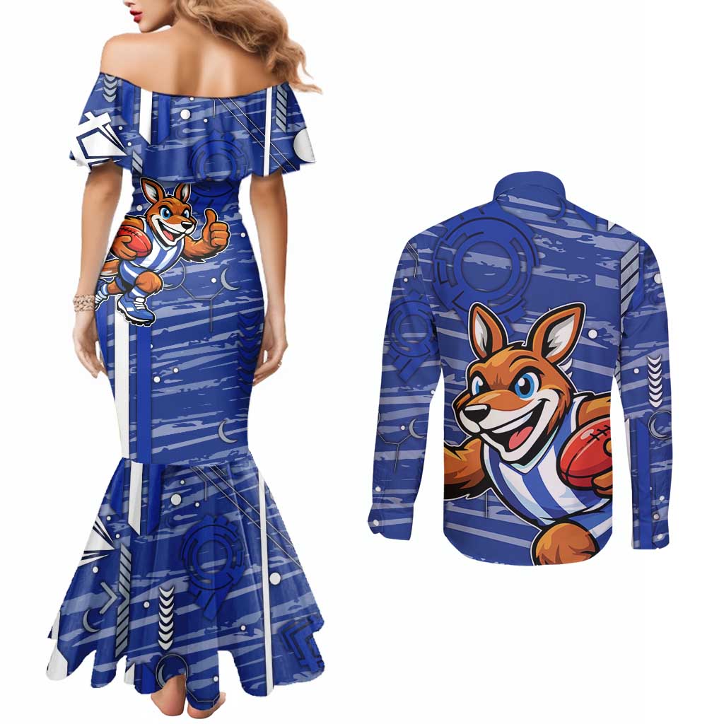 North Melbourne Kangaroos Couples Matching Mermaid Dress and Long Sleeve Button Shirt Mascot Cartoon Football Illustration Style