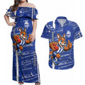 North Melbourne Kangaroos Couples Matching Off Shoulder Maxi Dress and Hawaiian Shirt Mascot Cartoon Football Illustration Style
