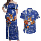 North Melbourne Kangaroos Couples Matching Off Shoulder Maxi Dress and Hawaiian Shirt Mascot Cartoon Football Illustration Style