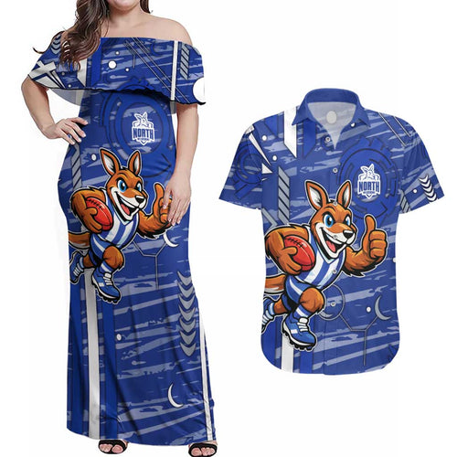 North Melbourne Kangaroos Couples Matching Off Shoulder Maxi Dress and Hawaiian Shirt Mascot Cartoon Football Illustration Style
