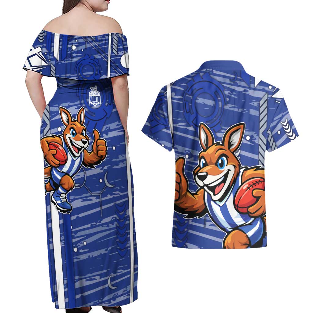 North Melbourne Kangaroos Couples Matching Off Shoulder Maxi Dress and Hawaiian Shirt Mascot Cartoon Football Illustration Style