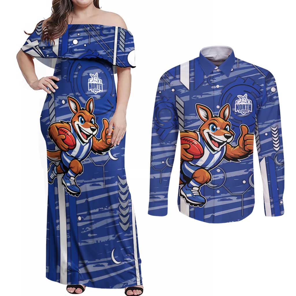 North Melbourne Kangaroos Couples Matching Off Shoulder Maxi Dress and Long Sleeve Button Shirt Mascot Cartoon Football Illustration Style