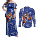 North Melbourne Kangaroos Couples Matching Off Shoulder Maxi Dress and Long Sleeve Button Shirt Mascot Cartoon Football Illustration Style