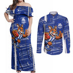 North Melbourne Kangaroos Couples Matching Off Shoulder Maxi Dress and Long Sleeve Button Shirt Mascot Cartoon Football Illustration Style