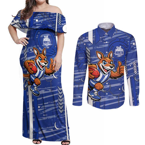 North Melbourne Kangaroos Couples Matching Off Shoulder Maxi Dress and Long Sleeve Button Shirt Mascot Cartoon Football Illustration Style