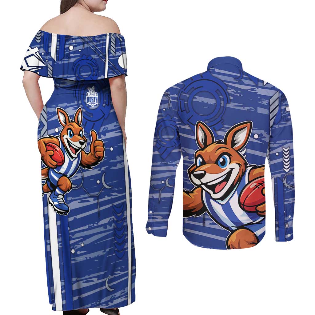North Melbourne Kangaroos Couples Matching Off Shoulder Maxi Dress and Long Sleeve Button Shirt Mascot Cartoon Football Illustration Style