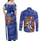 North Melbourne Kangaroos Couples Matching Off Shoulder Maxi Dress and Long Sleeve Button Shirt Mascot Cartoon Football Illustration Style
