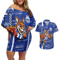 North Melbourne Kangaroos Couples Matching Off Shoulder Short Dress and Hawaiian Shirt Mascot Cartoon Football Illustration Style